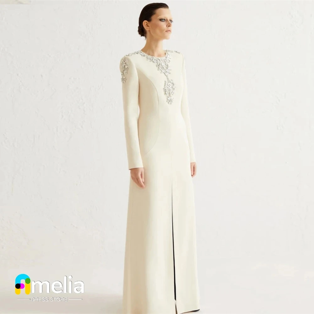 Amelia White O-Neck Prom Dress Long Sleeves Evening Gown With Floor Length Summer Women Wedding Party Dress2023