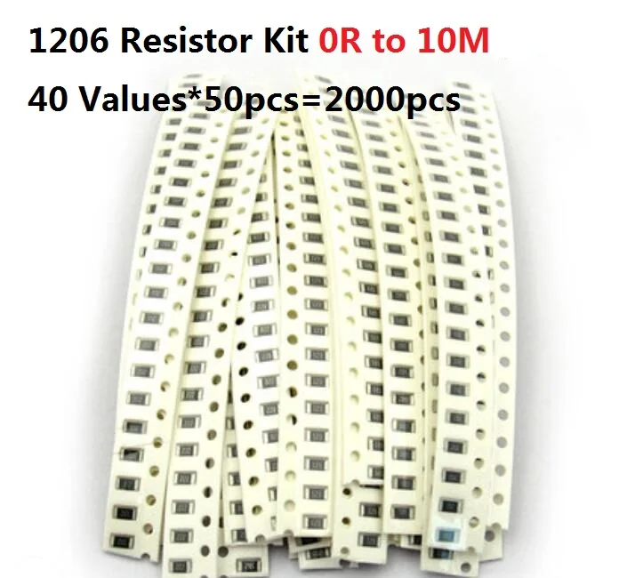 40 Values*50pcs=2000pcs SMD 1206 Resistor Kit 0 Ohm-10M 5% Resistance Assorted Kit Set 1R 10R 47R 68R 470R 1K 10K 22K 1M Pack