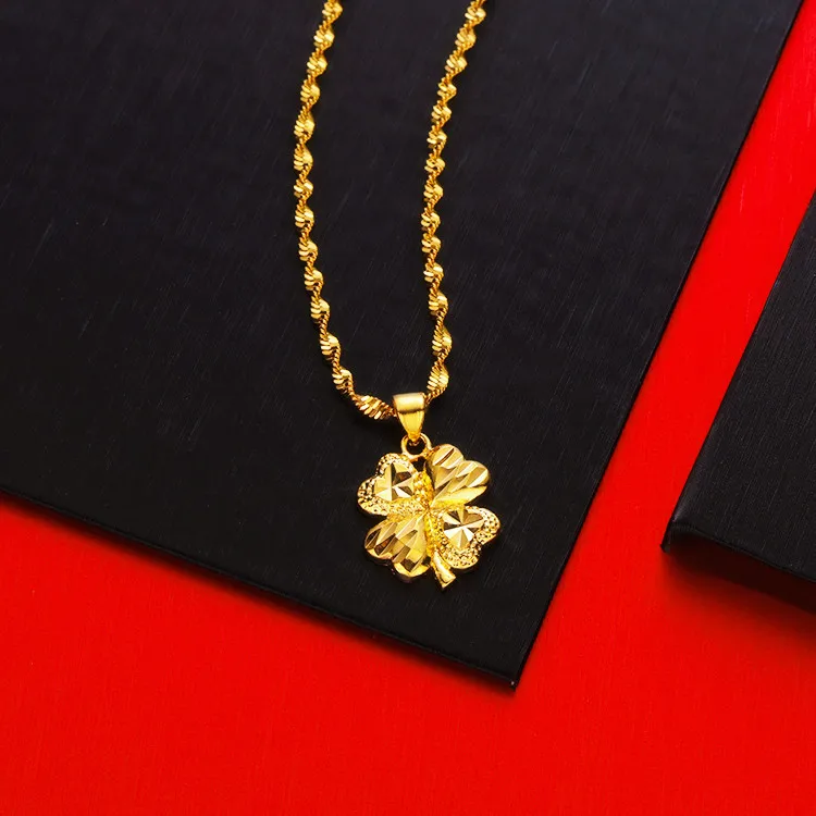 Pure Gold Color Lucky Four Leaf Grass Water Wave Chain Necklace for Women Fine Jewelry Genuine Solid Gold Wedding Luxury Jewelry