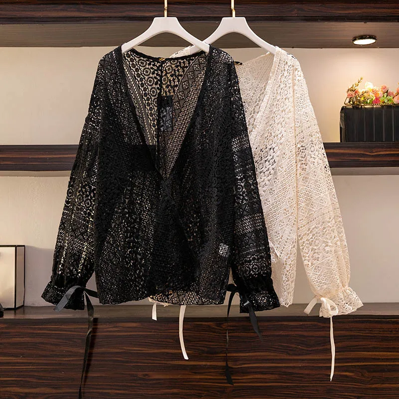 

150Kg Plus Size Women's Summer Loose Sun Protection Top Bust 150 V-Neck Lace Cardigan Shawl Black Apricot 5XL 6XL 7XL 8XL 9XL