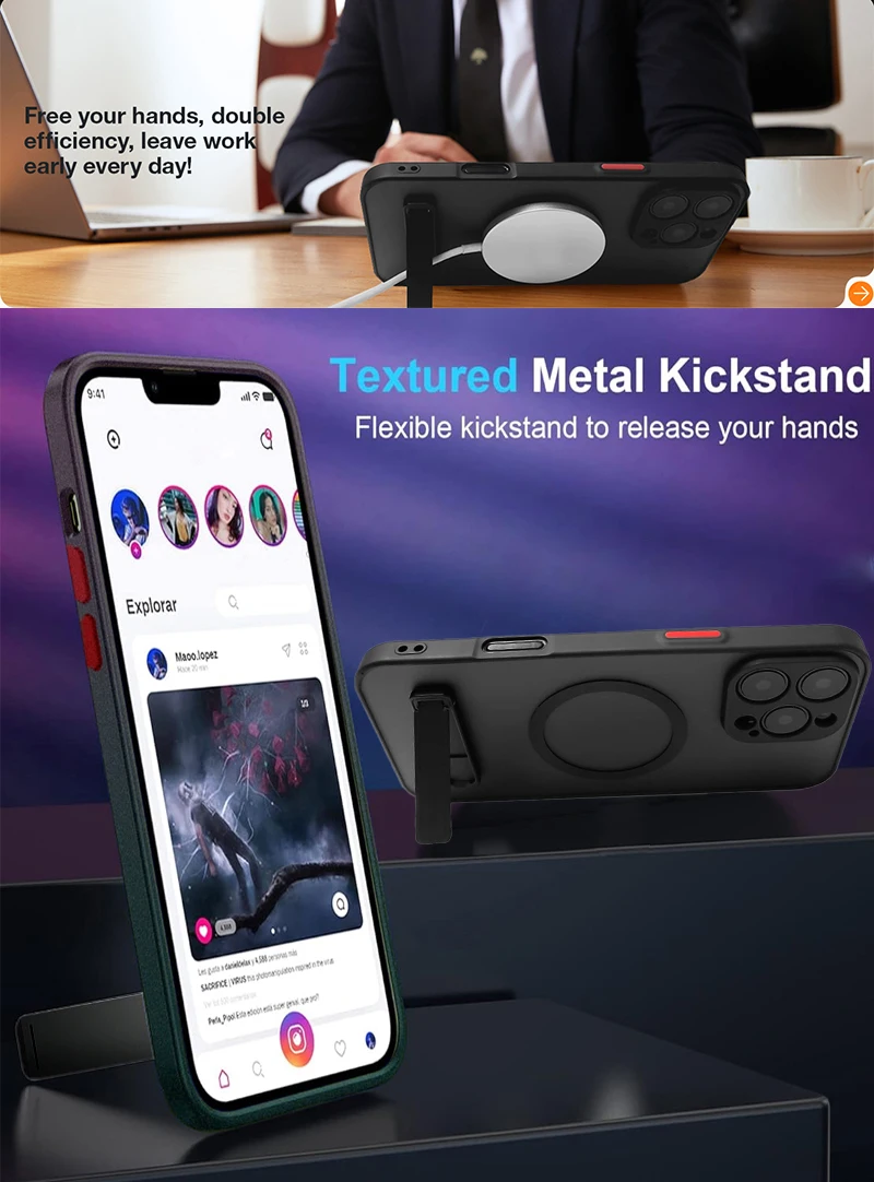 UYUXIO Handyhülle mit magnetischem Ständer für iPhone 17, 16, 15, 14 Pro Max, 13, 12, 11, Hüllen mit Ständer, Rückseite mit Halterung – Detail 1