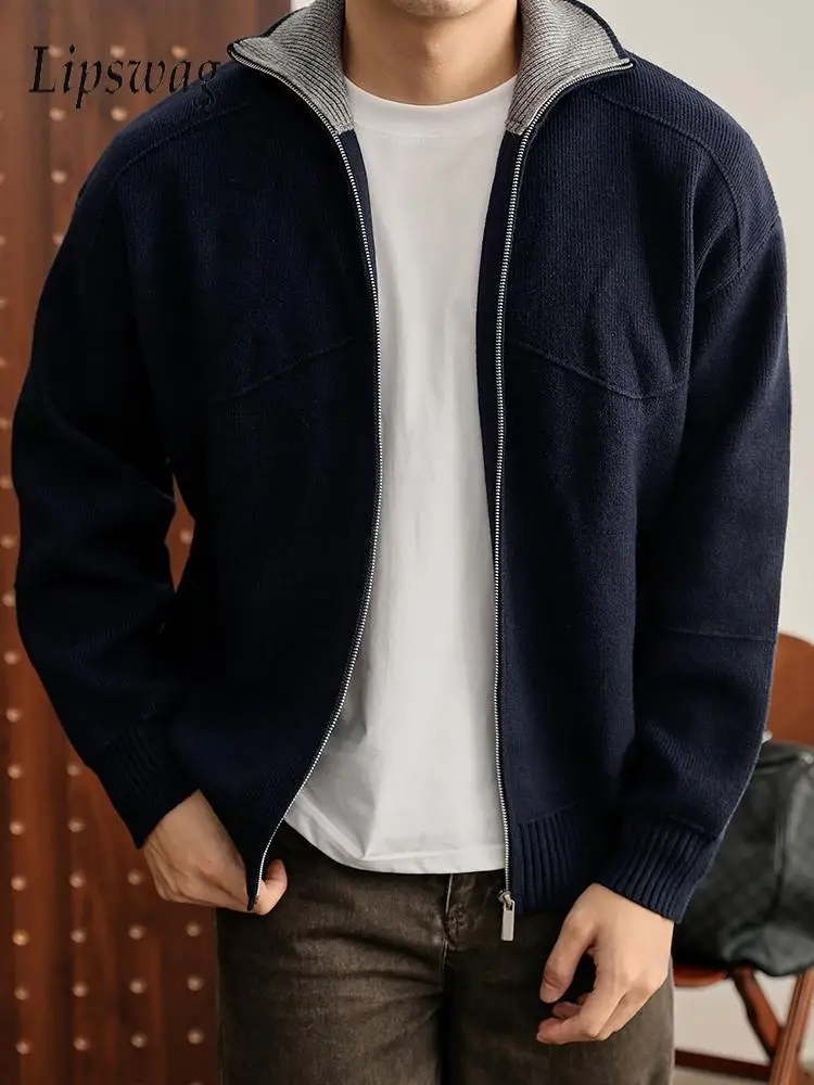 

Винтажный свитер с лацканами контрастного цвета, мужские осенне-зимние повседневные вязаные кардиганы на молнии, мужские стильные тонкие свитера