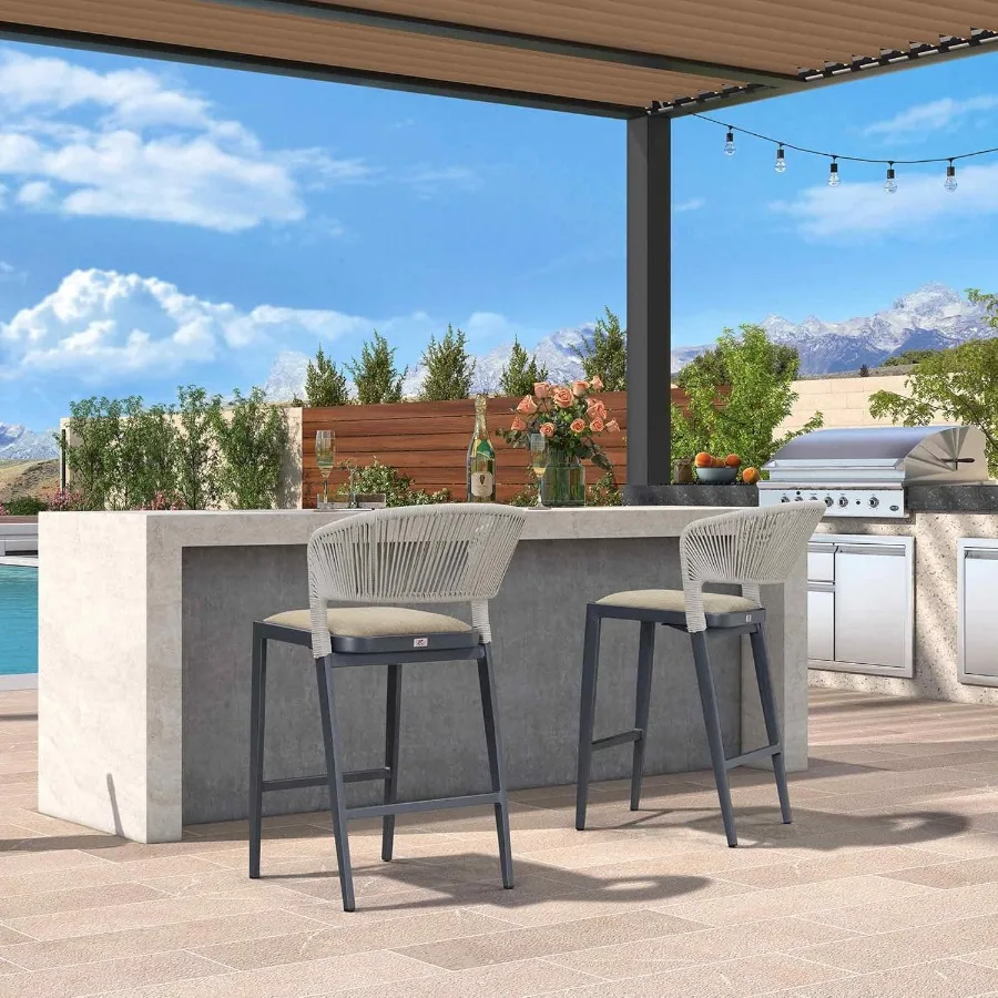 Barkruk op tegenhoogte, set van 2 buitenbarkrukken, moderne barkrukken, rieten barkrukken voor keuken, donkergrijs eilandcha