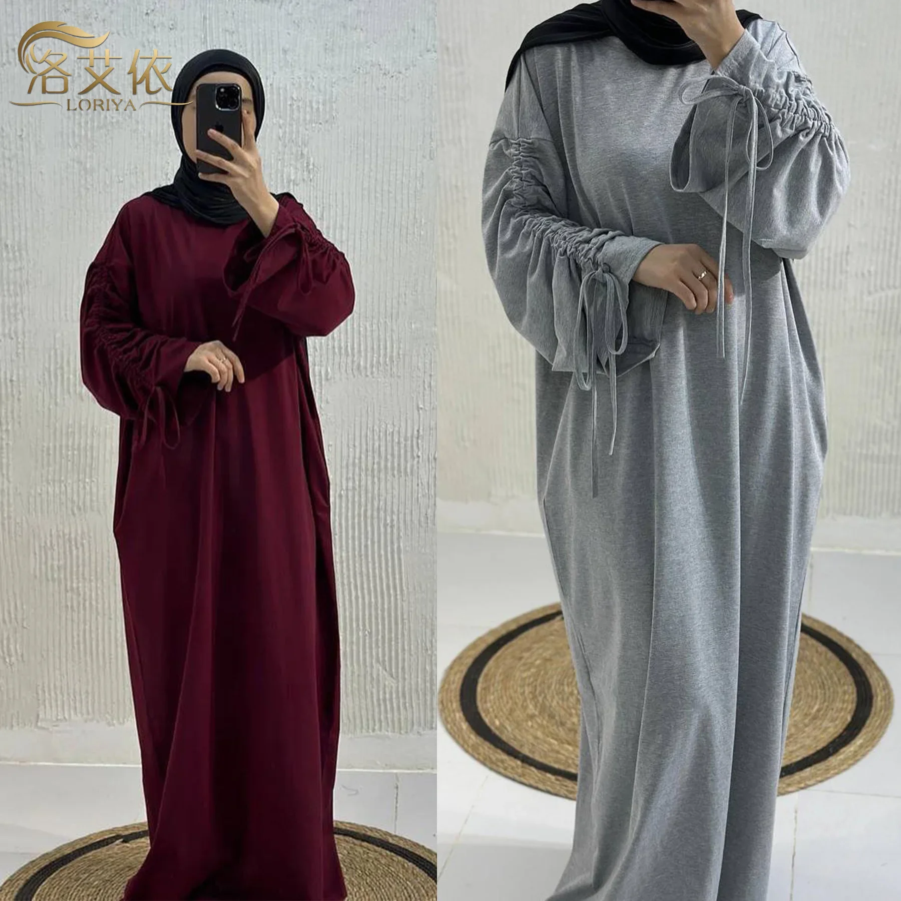 Dubai Turkey Cuff Drawstring Dress Muslim Women New Middle East Robe Abaya High Waist Long Loose Maxi Dress