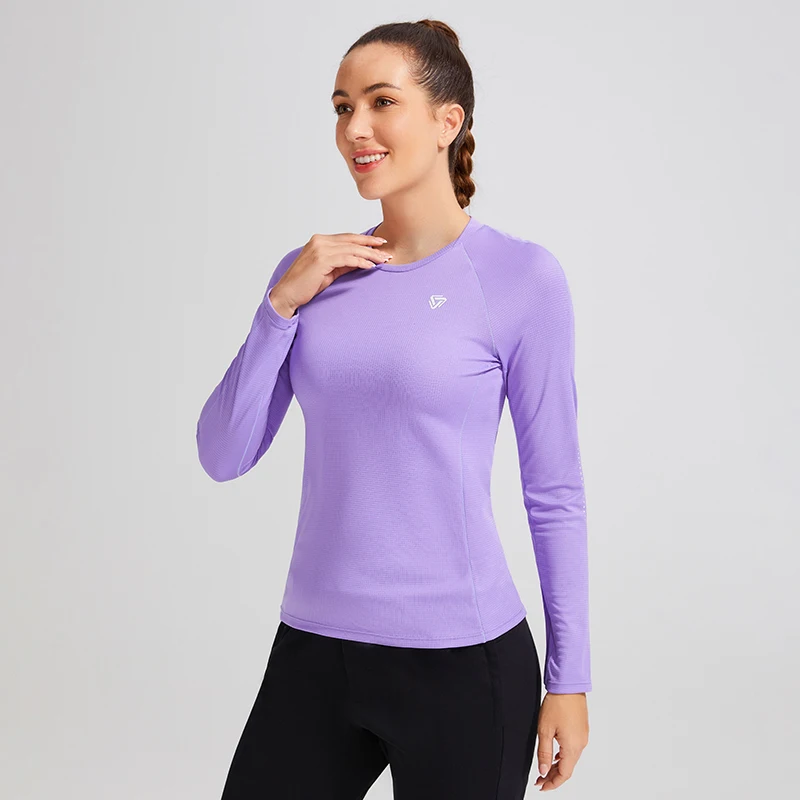 Women 100% Polyester Long Sleeve Yoga Gym Shirts Quick Dry Fitness Outdoor Top Stitching Sportswear Running Jogging Sport Tshirt