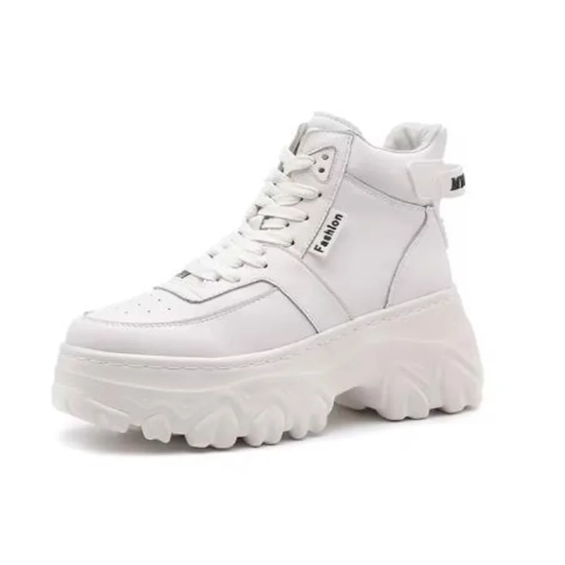 8cm Women Sneakers New Fall Winter Platform Genuine Leather White Boots Height Increasing Women's  Casual boots 34 41