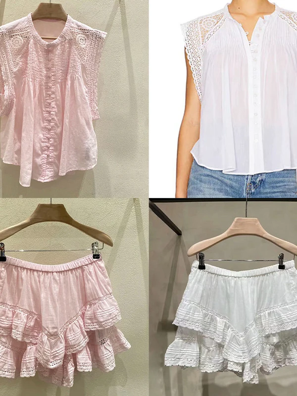 

Romantic Lace Splicing round Ne ort Sve Top And Skirt Set Women's Faion Autumn Collection Button Closure Cotton Blend
