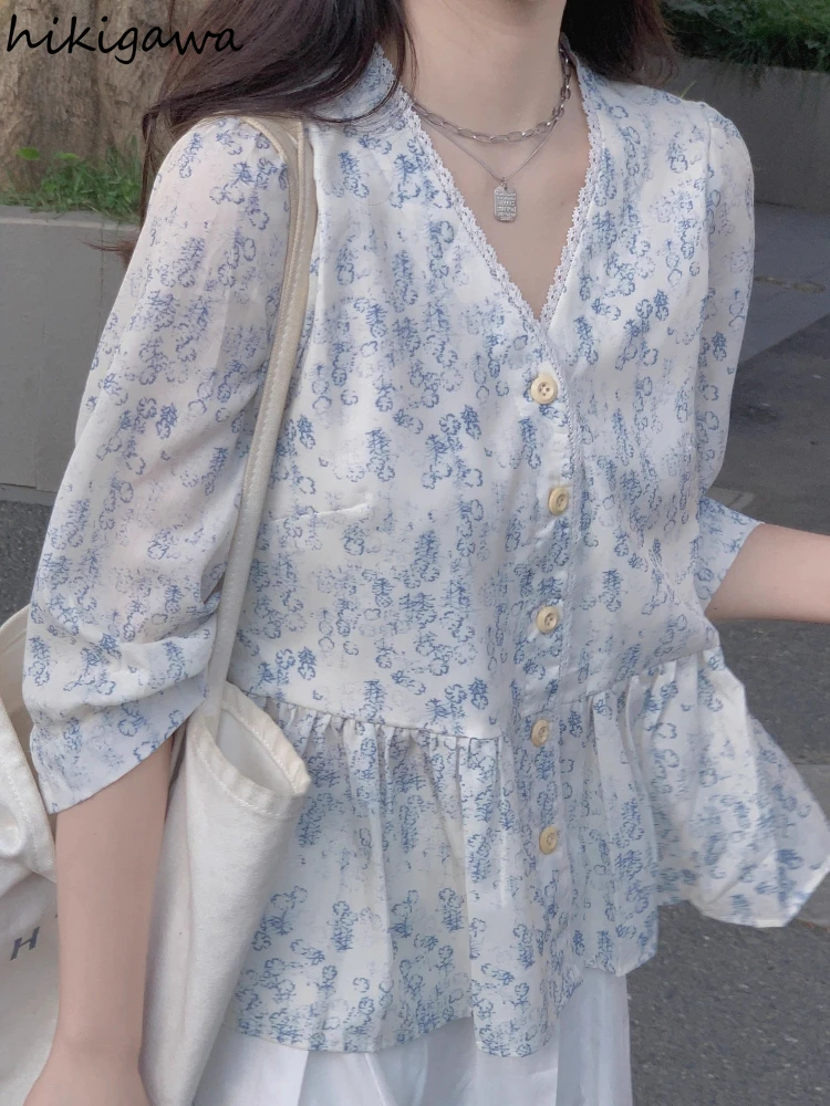 

Винтажные блузки Camisas De Mujer для женщин, свободные шифоновые летние рубашки с короткими рукавами, топы большого размера, шикарная корейская блузка с цветочным принтом