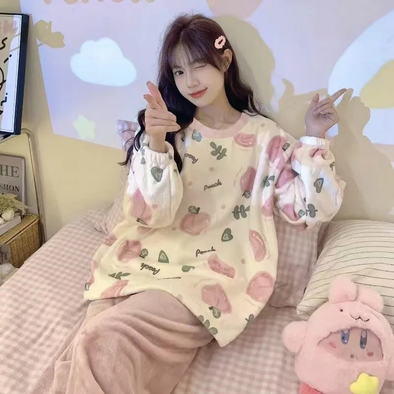 

Winter Sleepwear Women's Fleece Flannel Round Neck Tops Cartoon Home Clothes Set Girls Comfortable Soft Pajamas Set