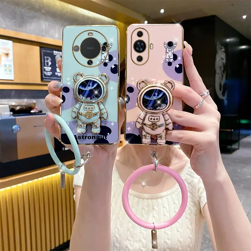 Mate 60 Cheering Astronaut Holder Plating Phone Case For Huawei Mate 60 60Pro 50Pro 40 30 20 P50 P30 P40 P40Pro Nova 10 11 Cover