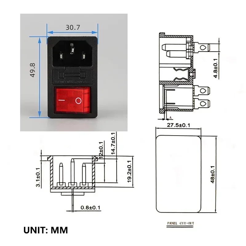 5/20Pcs AC-01-2 Electrical Switch 250V 10A Fuse AC Power Socket Panel Mount AC Connector Rocker Switch with 3Pin Red LED Switch