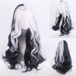 Half Black And White Fluffy Long Wavy curly hair Layered Synthetic Wigs 101 Dalmatians Cruella Devil Cosplay Costume Wig