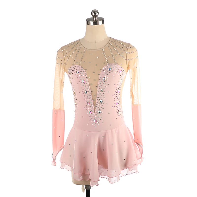 Nasinaya Figure Skating Dress Costume Competition Ice Skating Skirt for Girl Women Kids Gymnastics Performance Light Pink