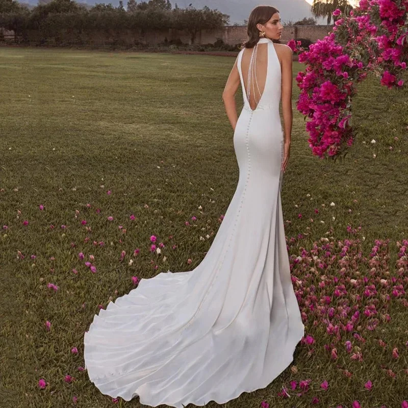 Vestido de noiva sereia cetim, cabeçada sem mangas, vestido de noiva recortado, pérolas plissadas, sexy back, 2020