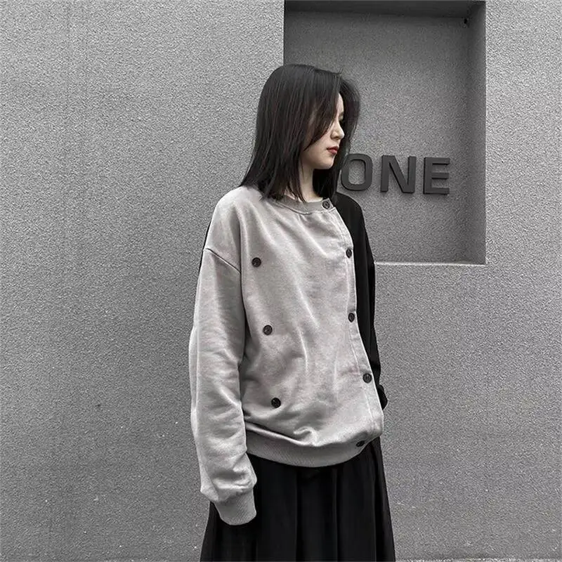 Lady Cardigan Hoodie Spring And Autumn New Personality Color Button Design Fashion Round Collar Leisure Loose Large Size Jacket