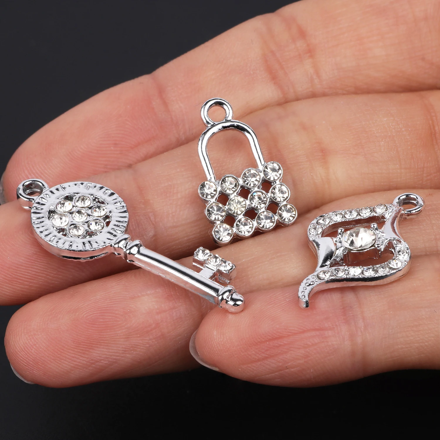 5pcs/lot Silver Color Love Heart Cross Round Shell Rhinestone Alloy Charms For Jewelry Making DIY Earrings Pendants Accessories