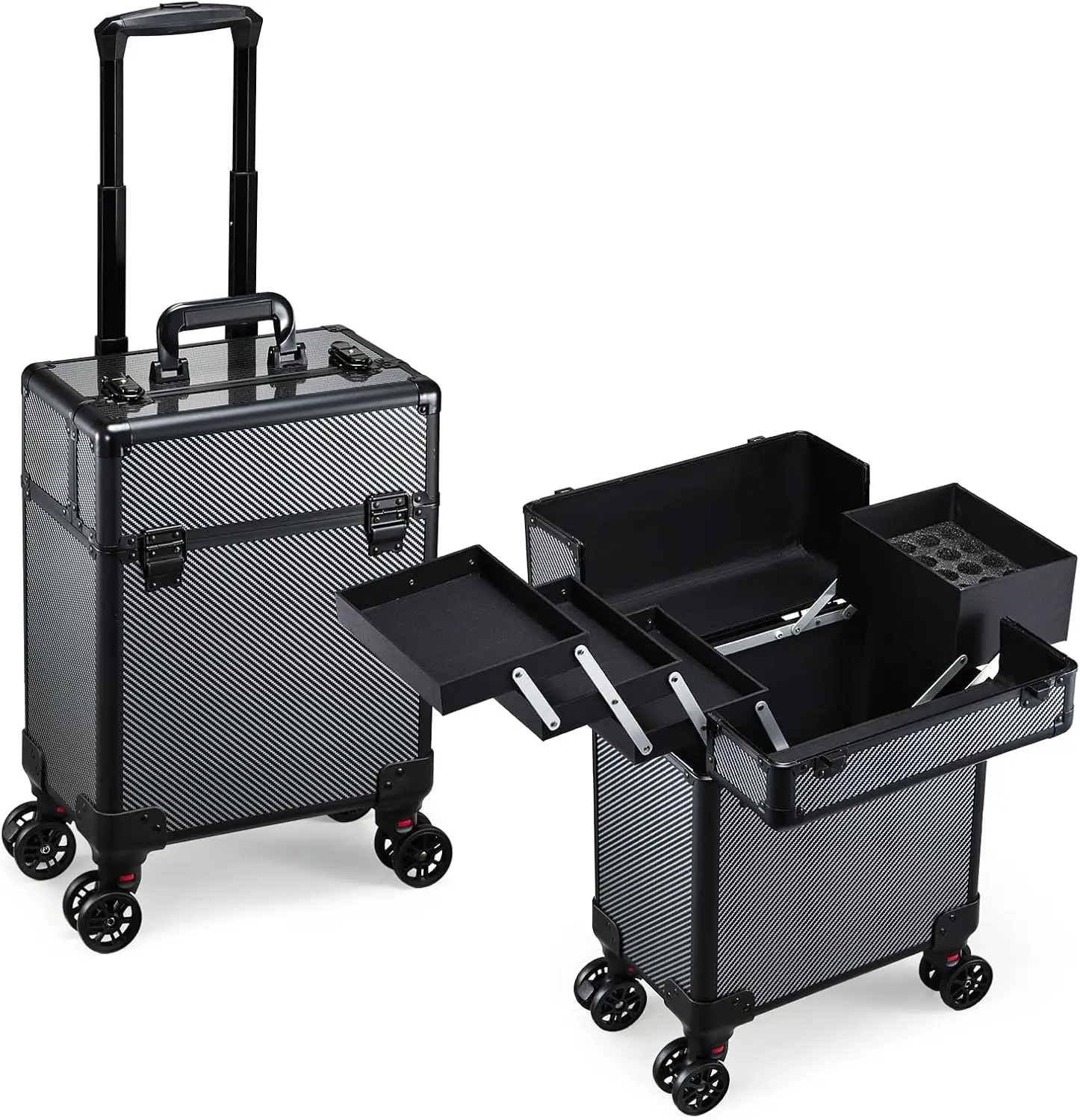 

Rolling Makeup Case on Wheels, Professional Vanity Trolley with Trays, Large Travel Organizer with Key, Ashy Grey