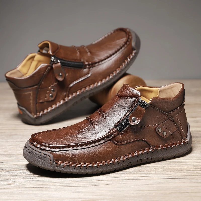 

Handmade Men's Shoes Plush Zip Men Boots Leather Retro High Top Shoes Plus Size Spring Ankle Boots High Quality Sneakers for Men