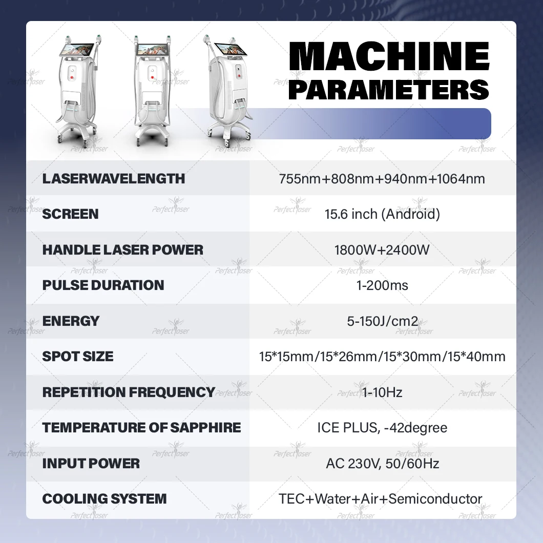 Perfectlaser-Machine d'épilation au laser à diode, 4 longueurs d'onde 808, 755, 940, 1064nm, 2400W, épilation à la glace du corps et du visage en continu, indolore