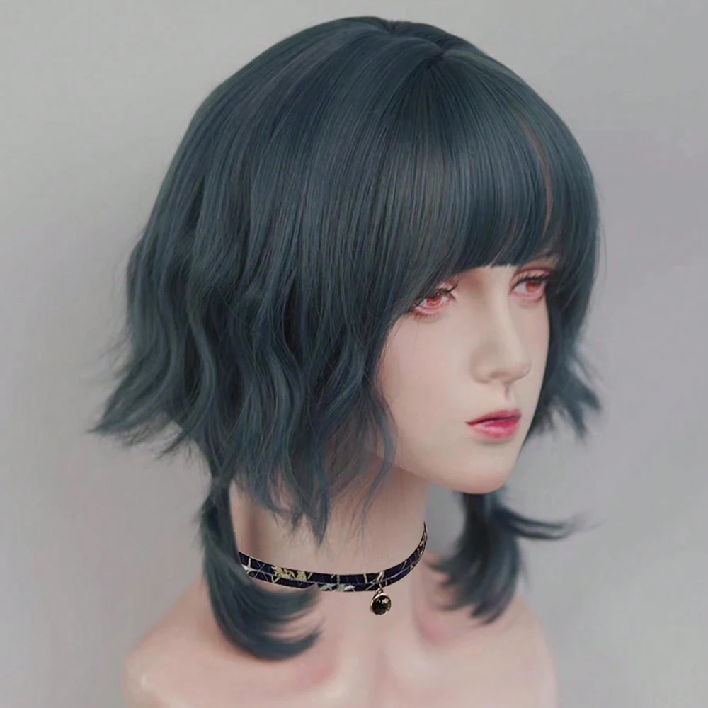 باروكة نسائية زرقاء صناعية قصيرة مموجة مع فرقعة لوليتا كوسبلاي للهالوين وعيد الميلاد كاجوال جلام #2