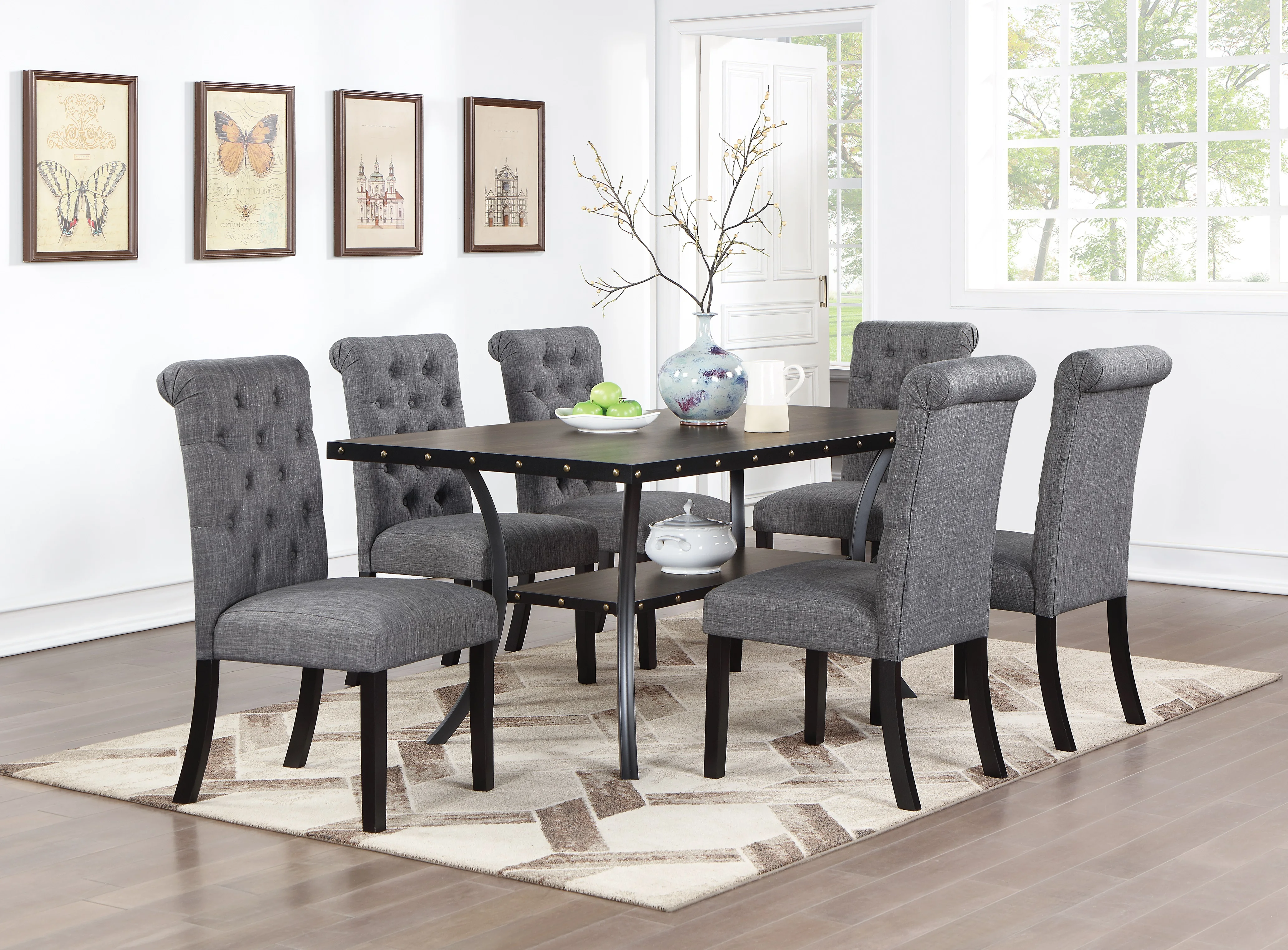 

Classic Dining Room Furniture Natural Wooden Rectangle Top Dining Table 6x Side Chairs Charcoal Fabric Tufted Toll Back Top Back