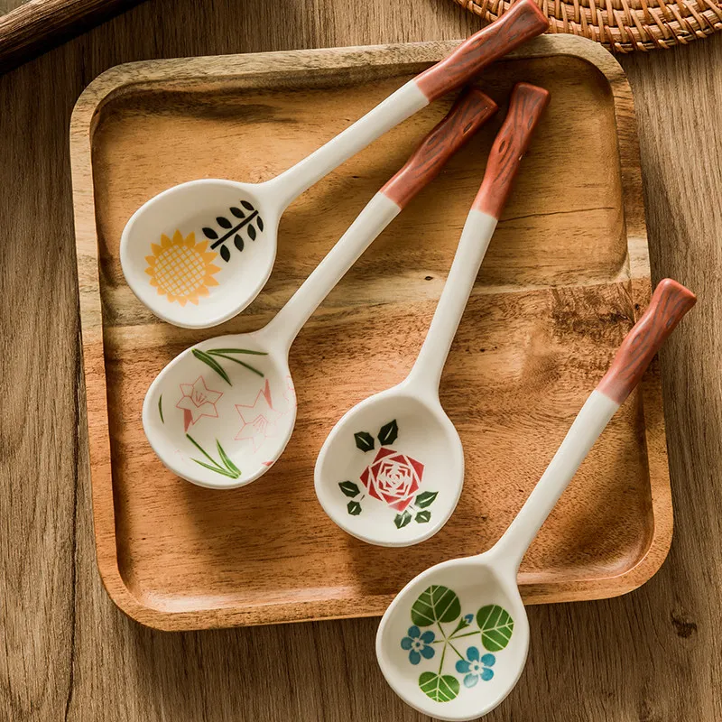Ceramic Spoon Household Japanese Spoon Long Handle Round Head Soup Ladle Congee Exquisite Spoon Tableware