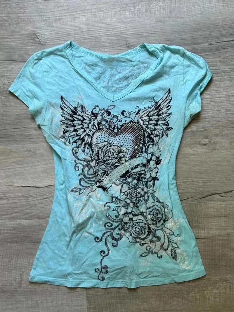 Summer Subculture American Tretro Tees Women Y2K Vintage Light Blue Slim Fit T-Shirt Fashion Sexy Hot Girl Casual Tops New