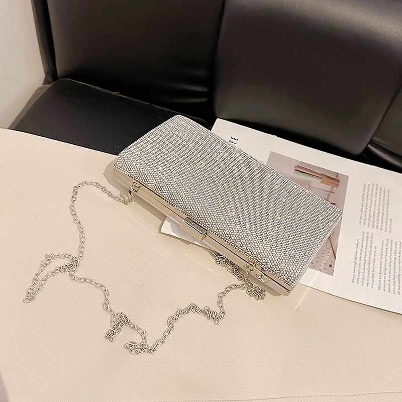 

Rectangle Silver Diamond-set Women's Bags Trend 2025 Autumn New Chain High End Banquet Bags Fashion Solid Color One Shoulder Bag