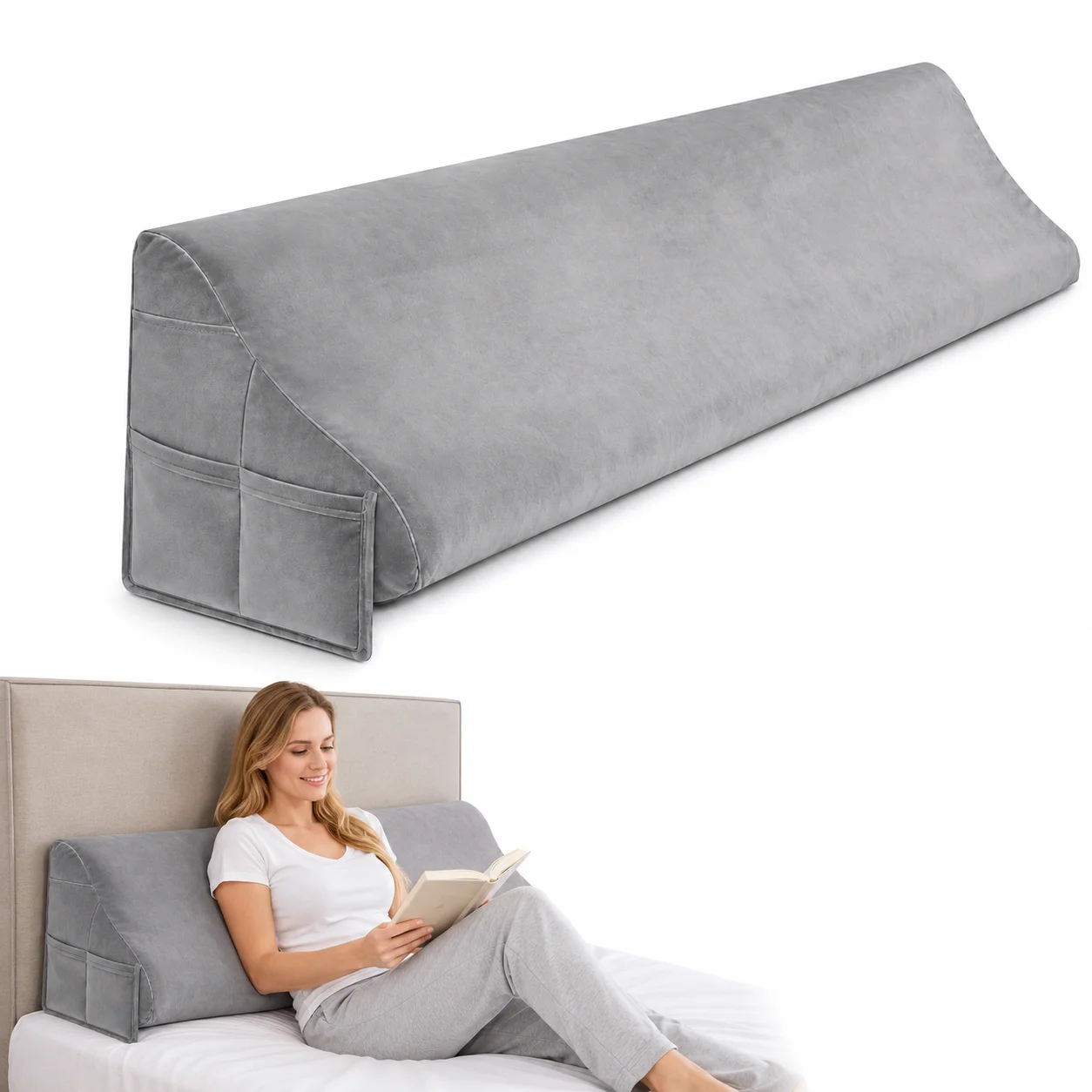 Almohada para Rellenar el Espacio del Cabecero de la Cama de 150 cm, Almohada Triangular Suave con Múltiples Bolsillos de Almacenamiento, Cojín Anticaídas para el Espacio del Cabecero