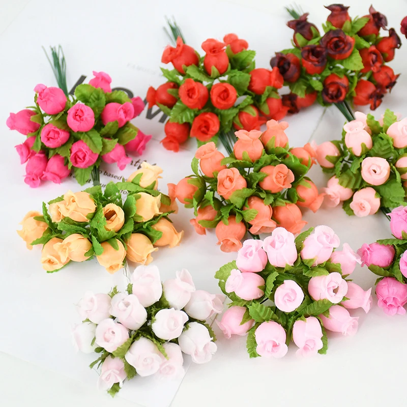 72/144pcs 1 Bunch 12Heads Rose Bud Bouquet with Green Leaves Artificial Mini Silk Rose Bud DIY Crafts Wedding Decor Dropshipping