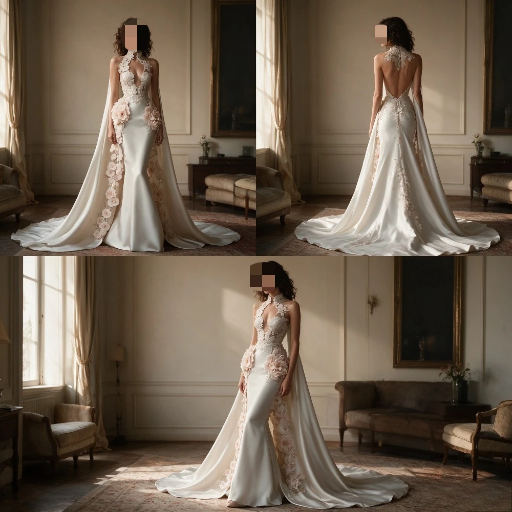 Customized Sexy Halter Collar Satin Mermaid Wedding Dress 2026 Elegant Decal Lace Shawl Flowing Bridal Gown Suitable for Parties