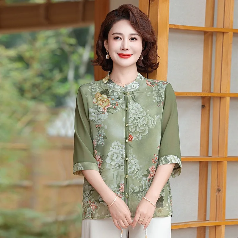 Vintage cheongsam collar Womens Half sleeve Casual Printed Chiffon Blouse Summer Single-breasted Thin Loose Shirt Female