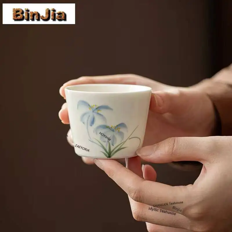 95ml Hand Drawn Iris Flower Ceramic Teacup Straight Tube Single Master Cup Large Coffee Mug Tea Bowl Kung Fu Tea Set Drinking