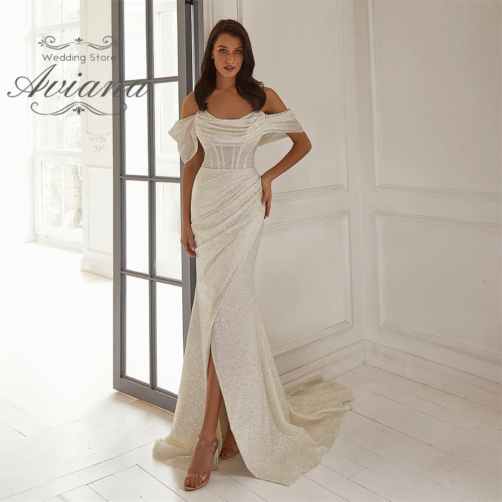 Aviana op maat gemaakte zeemeermin hoge split trouwjurk Court Trian off-the-shoulder boothals glanzend poeder sprankelend korset ruches