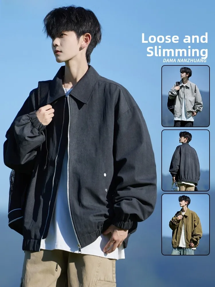 

American Retro Men's Jaet Loose Fit Spring Autumn Trendy Design Turn-down Collar Top Workwear Outerwear Casual Sle