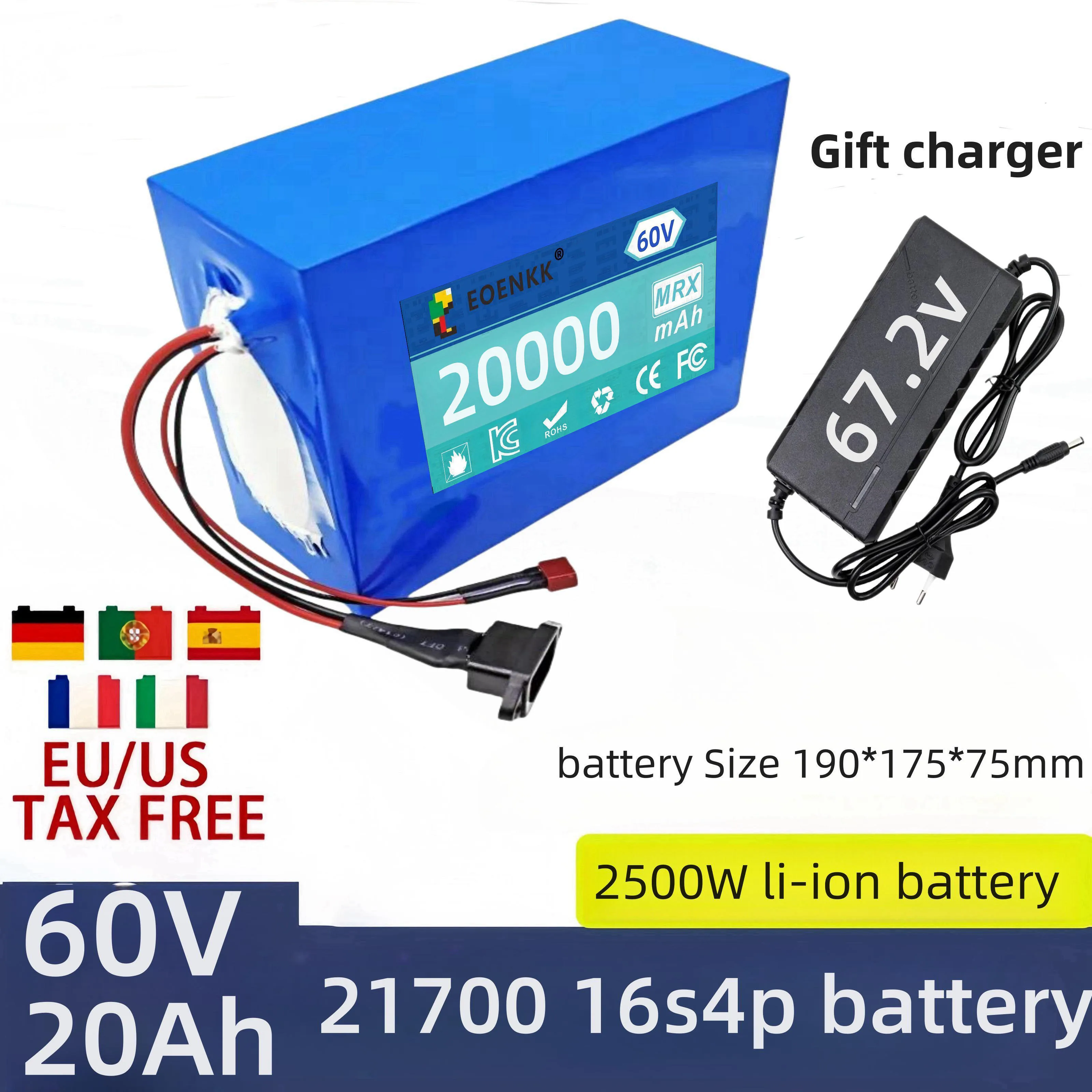 

NEW 60V 21700 16S4P 20000mAh battery pack 2500W high-power lithium battery with built-in BMS lithium-ion battery pack + charger
