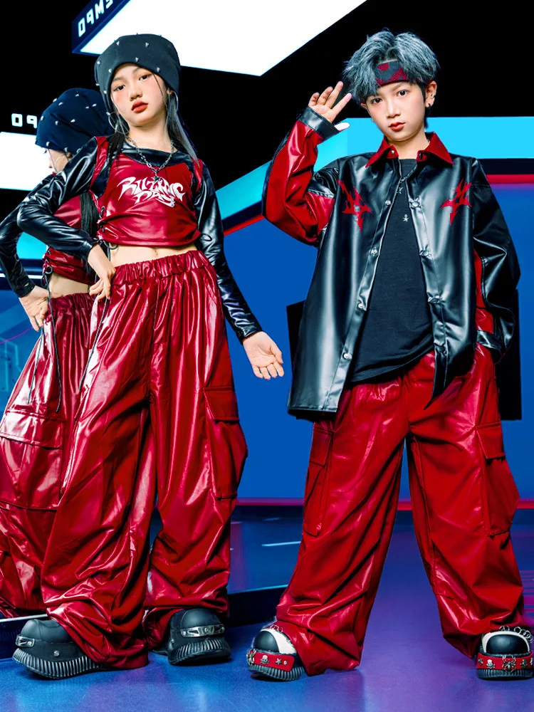 طفل Kpop الهيب هوب الملابس السوداء فو الجلود المحاصيل تي شيرت سترة النبيذ الأحمر البضائع السراويل لفتاة صبي الشارع أزياء رقص الملابس #3