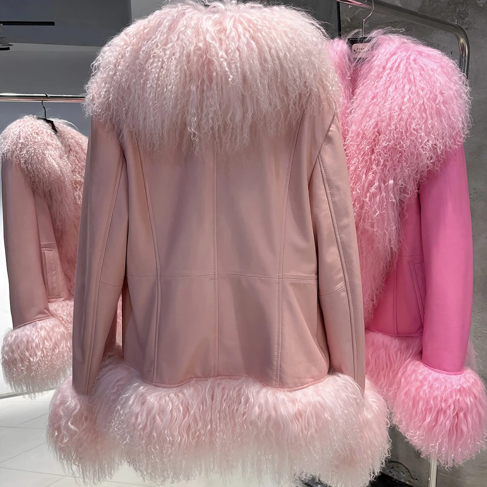 YOLOAgain Real Mongolia Sheep Fur Collar Real Leather Jacket Coat Women