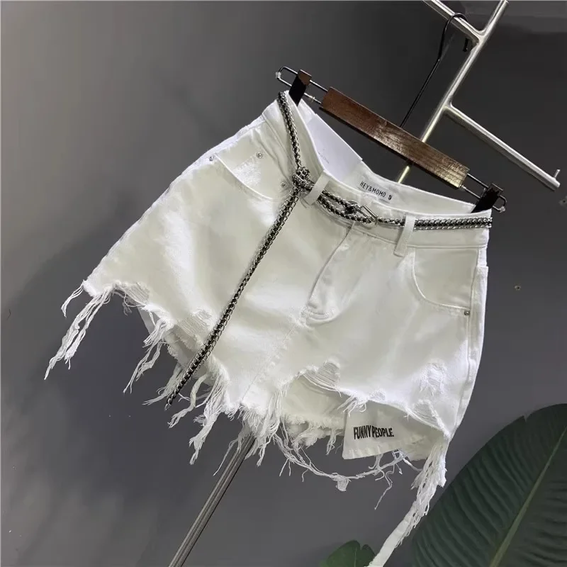 New Korean White Raw Irregular Denim Skirt Women's Anti-Walk Naked Hole Pocket Exposed Short Skirt