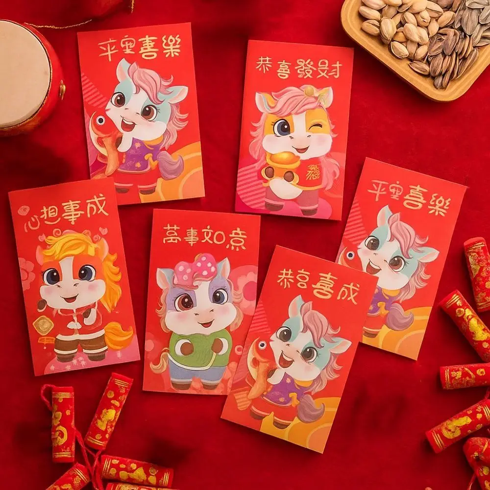 

6pcs Chinese 2026 Horse Year Red Envelope Traditional Cartoon Red Packet Blessing Year Of Horse Money Envelope