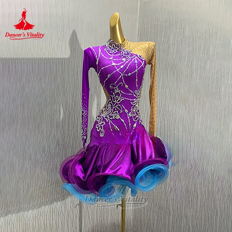 2-Tone Matching Latin Dance Long Sleeves Outfit Adult&Child Samba Rumba Jive Perform&Contest Clothes Customize Dancer's Vitality