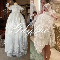 Luxury Baptism Dress Baby Girls Robe Lace Christening Gown With Bonnet Off White Ivory Custom Made