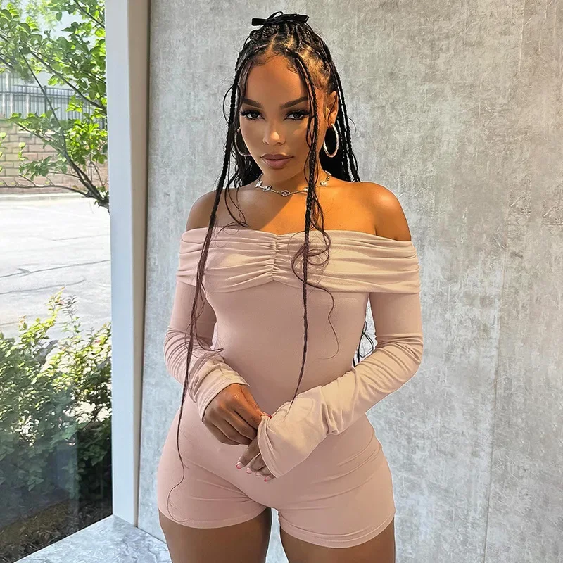 

Fashion Women Off Shoulder Pleated Playsuits Skinny Rompers Long Sleeve Ruched Playsuits Tight Shorts Jumpsuits Slim Overalls