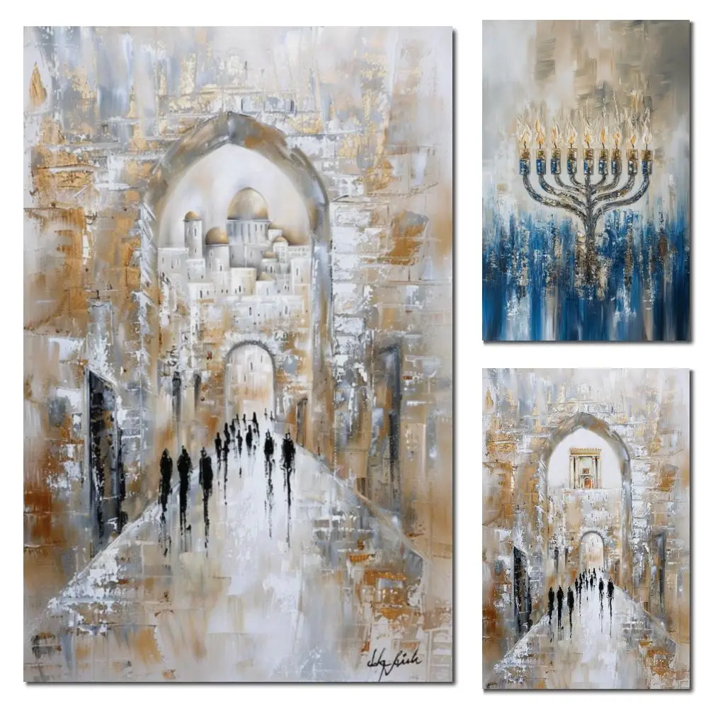 

Большая Менора, холст, живопись, еврейская картина, ручная работа, абстрактное Иерусалимское произведение искусства, современная гостиная, ресторан, декор, текстурированный подарок