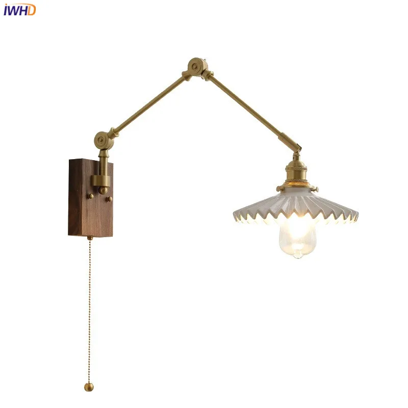 IWHD Pull Chain Copper Long Arm LED Wall Light Fixtures Up Down Left Right Rotate Walnut Canopy Nordic Modern Wandlamp Luminaira