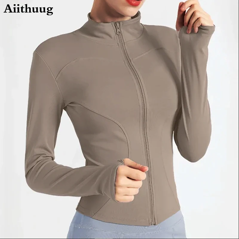 Aiithuug Slim Fit lichtgewicht jassen met duimgaten Yoga sporthardloopjack met volledige ritssluiting voor dames voor training