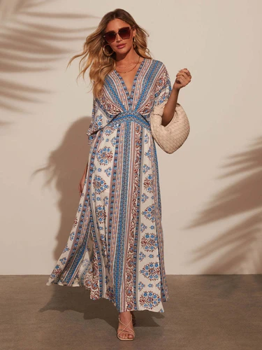 2025 moda de verano nueva mujer elegante temperamento bohemio estilo de vacaciones vestido largo estampado con cuello en V falda para la playa