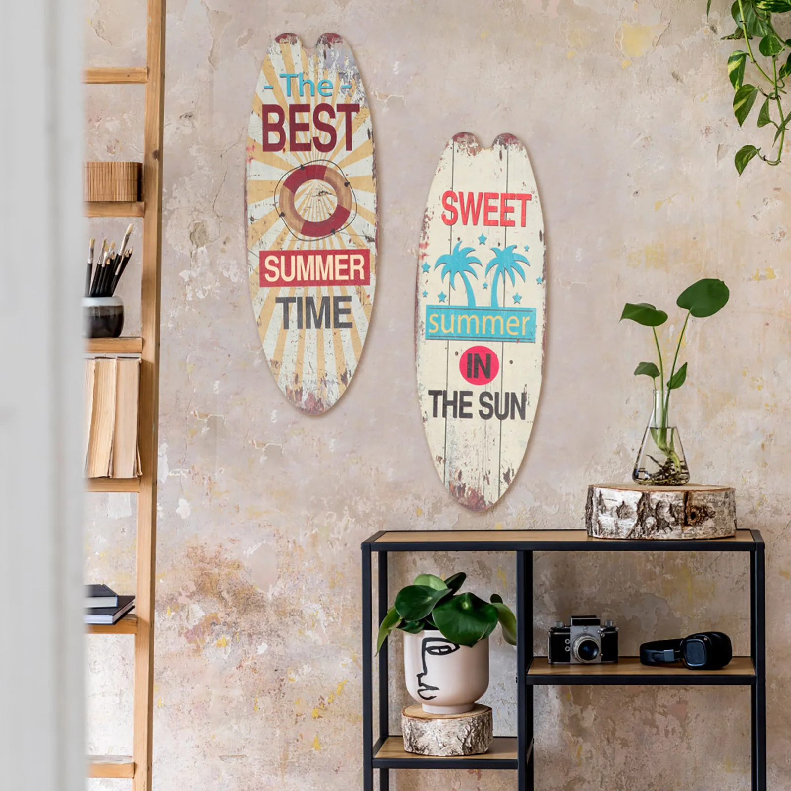 

2 Pcs Festive Embellishment Theme Wooden Plaque Retro Wall Home Bar Hotel Decor Surfboard Style SignVintage