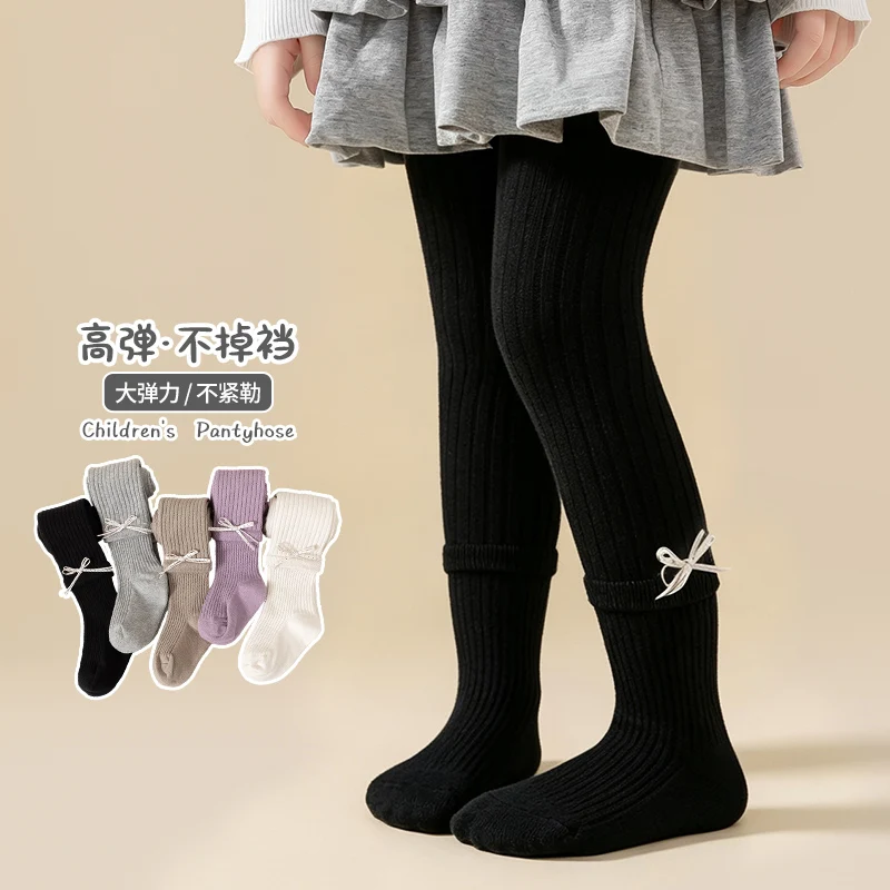 Sweet Girls Korean‑Look Spring Autumn Pantyhose Polka Dot Print And Silver Thread Double Bow Accent Skin‑Friendly Elastic Tights