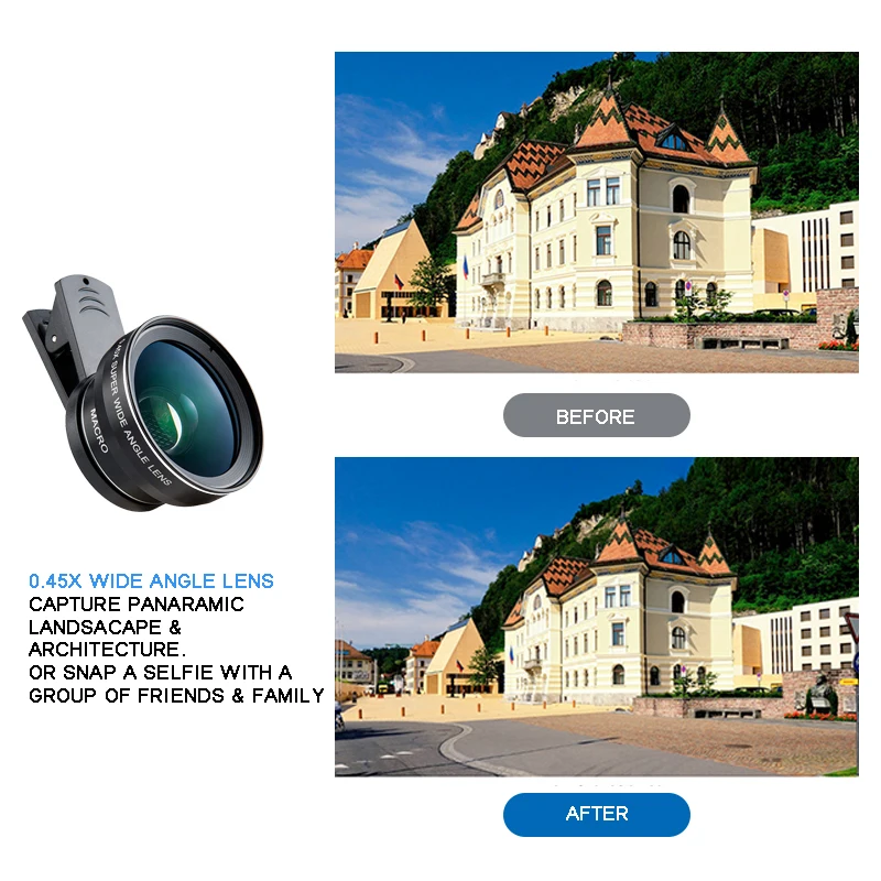 Ultra Wide Angle Lens for Mobile Phone, Macro Lens, Universal Clip, HD, SLR, External Camera Lenses, 0.45X